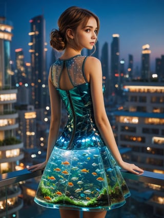A harmonious blend of nature and technology. (Dress made from fish tank), a futuristic realm, Evening, 1Girl on the balcony, ultra hi-tech cityscape, light bokeh portrait, detailed eyes, posing for photo, hiding hands behind,cinematic_warm_color,Movie Still,Extremely Realistic