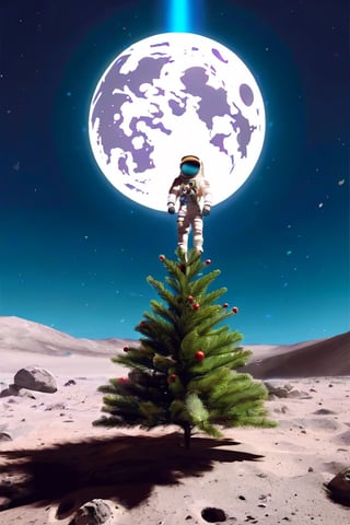 Astronaut decorates a skinny Christmas tree on the surface of the Moon, the sky is visible, the earth shines in the sky, low angle shot, wide angle, sharp shadows, high quality textures, masterpiece,