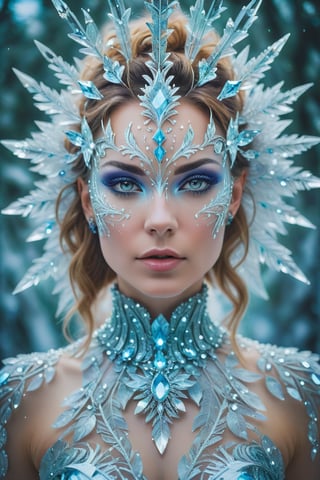 Rorschach Editorial Photography, midshot Portrait, Frost Goddess, Neo Tribal frost Art, ((Background Christmas Tree:1.2) Bokeh:0.7), frost crystal,Glass Elements