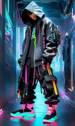 Full-length, standing in the corridor, 1guy dressed in a sweatshirt, cyber mask connected to a hood, wide trousers with pockets, neon elements on the clothes glow, dark, masterpiece. (Cyberpunk style). TechStreetwear,Digital_Madness,TechStreetwear,Glass Elements,neon photography style,ByteBlade