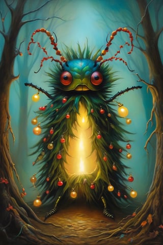 Christmas Tree monster, beetles that look like a garland glow, in the style of esao andrews,bangerooo