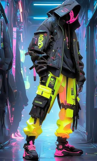 Full-length, standing in the corridor, 1guy dressed in a sweatshirt, cyber maskhelmet connected to a hood, wide trousers with pockets, neon elements on the clothes glow, The dark atmosphere emphasizes the glow of the clothes, masterpiece. (Cyberpunk style). TechStreetwear, Digital_Madness, ByteBlade
