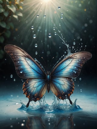 high quality, highly detailed, 8K Ultra HD, butterfly made of water spray, In this enchanting artwork, the very essence of water transforms into ethereal butterflies, each droplet gracefully adorning the wings of a butterfly in flight, The translucence of the water captures the delicate beauty of the butterfly, as if nature has granted fleeting wings to the liquid essence, The intricate patterns formed by these aquatic butterflies evoke a sense of enchantment, their ephemeral forms suspended in time, The play of light on their wings adds a touch of magic, turning ordinary droplets into a symphony of aquatic butterflies, dancing in the realm where water meets whimsical flight, by yukisakura, awesome full color, add_more_creative,mad-marbled-paper