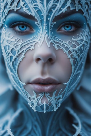 Rorschach Editorial Photography, Extreme Close Up Female Face, Frost Goddess, Neo Tribal frost Art, Background Christmas Bokeh, (frost Lips:1.2)