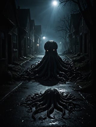 realistic photography, a small sleepy town, dark night, ground cracks open, monstrous entity, The creature revealed, colossal tentacles sprawled across the town, smashing houses and trees. light from the fissure, shadows, high-contrast, dynamic scene, sense of horror,Movie Still,Extremely Realistic