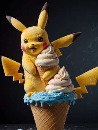 Dark background, RAW photo, a side view portrait, big ice-cream cone with 1Pikachu head, ice-cream on head, eats ice-cream greedily, looking serene, high detail,