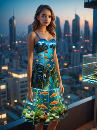 A harmonious blend of nature and technology. (Dress made from fish tank), a futuristic realm, Evening, 1Girl on the balcony, ultra hi-tech cityscape, light bokeh portrait, detailed eyes, posing for photo,cinematic_warm_color