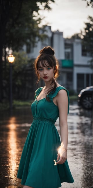 A highly realistic, beautiful girl, with messy bun hair and blue eyes, green dress, outdoor, dramatic lighting, dancing in the rain, highly detailed, UHD, 32K