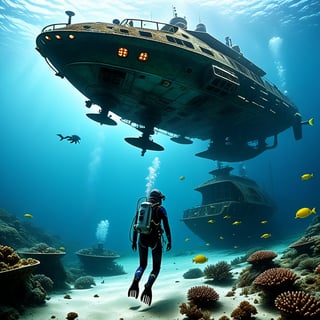 A scuba diver discovers a hidden futuristic shipwreck, with cybernetic marine life and advanced alien technology.