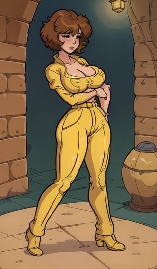 (masterpiece:0.5), UHD, 4K, perfect lightning, beautiful shading, cozy atmosphere, high quality, perfect illumination, photorealistic, best quality, animated style, soft lighting, anime, cartoon, thick hips, horny, blush, slutty, curvy, large ass, large booty, sexual desire, plumpy, april o'neil, hair over one eye, 1girl, brown hair, grey eyes, lips, lipstick, short hair, solo, yellow jumpsuit, CARTOON April ONeil TMNT, full body view, (wide hips:0.5), lineart, akabur style,full-length photo, hands on hips, bold lineart