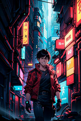 1guy, solo, red jacket, black shirt, black pants, cowboy shot, black hair, brown eyes, confident smile, 
Cyberpunk setting, dystopian megacity, neo-tokyo, 
((Nighttime)), glowing neon lights, glowing neon signs, action shot, cinematic,