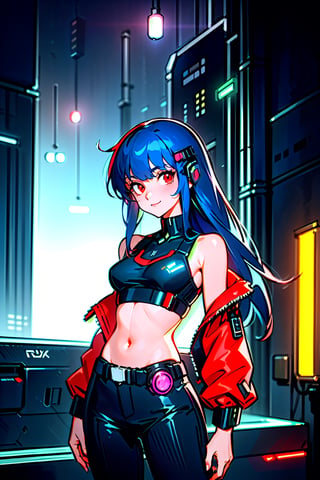 (masterpiece), best quality, 1girl, standing, smile, solo, athletic build, expressive eyes, perfect face, tanned skin, red jacket, black pants, dark blue hair, long hair, straight hair, dark red eyes, black crop top, tank top, small breasts, sideboob, thick thighs, from the front, 
((cyberpunk setting, cyberpunk room)), neon lights, glowing neon lights,takahashi rumiko,mecha