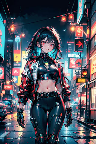 (masterpiece), best quality, 1girl, smile, solo, athletic build, expressive eyes, perfect face, tanned skin, red jacket, black pants, dark blue hair, long hair, straight hair, dark red eyes, red eyeliner, red eyeshadow, 
black crop top, tank top, red jacket, 
small breasts, ((thick thighs)), from the front, 
((cyberpunk setting, cyberpunk room)), neon lights, glowing neon lights, ,mecha