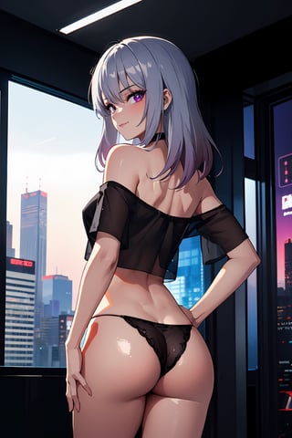 Nsfw, nude, 1girl, solo, tan skin, brown skin, standing, from below, ((from behind)), (sexy pose, dynamic pose), crop top shirt, off-shoulder, see-through shirt, thong panties, naughty smile, (Gradient silver hair, gradient purple hair), purple eyes, expressive eyes, red eyeshadow, red eyeliner, 
cyberpunk setting, cyberpunk bedroom, holographic posters on wall, hologram posters on wall, Large window, cyberpunk cityscape outside window, neon signs, hologram projections,Colorful