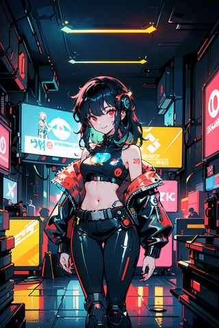 (masterpiece), best quality, 1girl, smile, solo, athletic build, expressive eyes, perfect face, tanned skin, red jacket, black pants, dark blue hair, long hair, straight hair, dark red eyes, black crop top, tank top, small breasts, sideboob, ((thick thighs)), from the front, 
((cyberpunk setting, cyberpunk room)), neon lights, glowing neon lights, ,takahashi rumiko