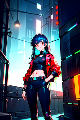 (masterpiece), best quality, 1girl, standing, smile, solo, athletic build, expressive eyes, perfect face, tanned skin, red jacket, black pants, dark blue hair, long hair, straight hair, dark red eyes, black crop top, tank top, small breasts, sideboob, thick thighs, from the front, 
((cyberpunk setting, cyberpunk room)), neon lights, glowing neon lights,takahashi rumiko