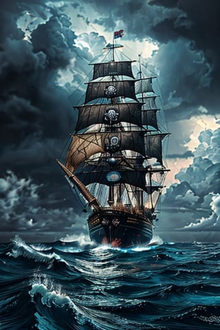 Realistic, hyper detailed, award winning masterpiece, full body portrait, ((ultra-high resolution 16k intense color portrait)), in the deep ocean, rough sea waves a large pirates ship with a black skull flag on top, ultra realistic, Hyper, vibrant light, storm, clouds, lightning, rough weather cinematic background