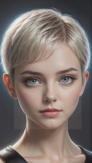 full_body 1.3, (((masterpiece))),(((best quality, realistic)))
((ultra-detailed)),(detailed light)
((an extremely delicate and beautiful))
(beautiful intricate blue eyes), 22yo dramatic lighting 1 girl
short pale hair, short pixie style
open forehead
full body black leather
Pure Beaty,Enhanced,perfecteyes