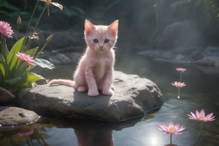 a kitten sitting on a rock in the water, fantasy art, beautiful pink little alien kitten, soft light misty yoshitaka amano, reflecting flower, her hands are red roots, magali villeneuve and monet, detailed art in color, sitting at a pond, timid,1 girl, masterpiece,best quality 