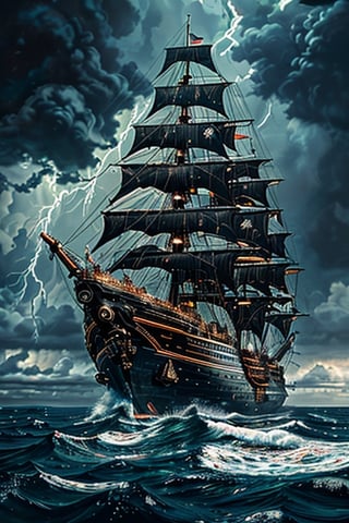 Realistic, hyper detailed, award winning masterpiece, full body portrait, ((ultra-high resolution 16k intense color portrait)), in the deep ocean, rough sea waves a large pirates ship with a black skull flag on top, ultra realistic, Hyper, vibrant light, storm, clouds, lightning, rough weather cinematic background