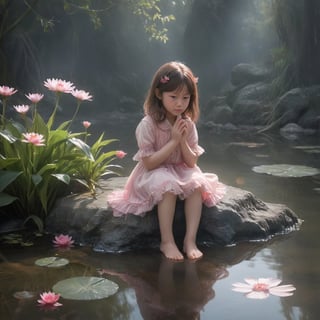 a girl sitting on a rock in the water, fantasy art, beautiful pink little alien girl, soft light misty yoshitaka amano, very sad emotion, reflecting flower, her hands are red roots, magali villeneuve and monet, detailed art in color, little girl, sitting at a pond, timid,1 girl, masterpiece,best quality 