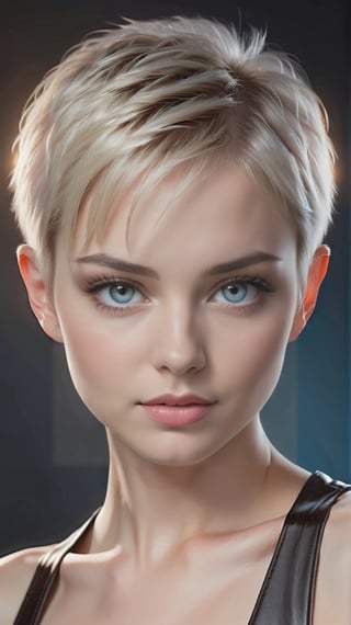 upper body portrait, (((masterpiece))),(((best quality, realistic)))
((ultra-detailed)),(detailed light)
((an extremely delicate and beautiful))
(blue eyes), 22yo dramatic lighting 1 girl
short pale hair, short pixie style
open forehead
full body black leather