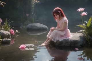 a girl sitting on a rock in the water, fantasy art, beautiful pink little alien girl, soft light misty yoshitaka amano, very sad emotion, reflecting flower, her hands are red roots, magali villeneuve and monet, detailed art in color, little girl, sitting at a pond, timid,1 girl, masterpiece,best quality 