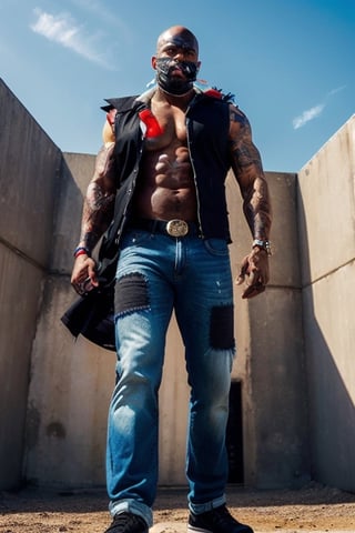 A dramatic full body portrait very low angle, tall powerful black man, adventure novel villain, 7_feet_tall, broad shoulders, athletic, mid-30s, dark black skin, bald, fit, strong, and mean, gang leader, leather vest over bare chest, loose denim jeans, dynamic intimidating, nightmare fuel, U.S. town, daytime lighting, clear focus, realistic colors, hyper realistic,Science fiction 