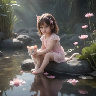 a kitten sitting on a rock in the water, fantasy art, beautiful pink little alien kitten, soft light misty yoshitaka amano, reflecting flower, her hands are red roots, magali villeneuve and monet, detailed art in color, sitting at a pond, timid,1 girl, masterpiece,best quality 