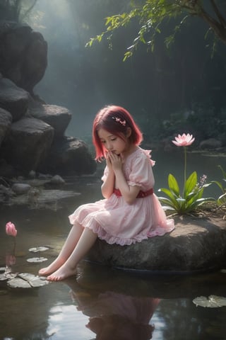 a girl sitting on a rock in the water, fantasy art, beautiful pink little alien girl, soft light misty yoshitaka amano, very sad emotion, reflecting flower, her hands are red roots, magali villeneuve and monet, detailed art in color, little girl, sitting at a pond, timid,1 girl, masterpiece,best quality 