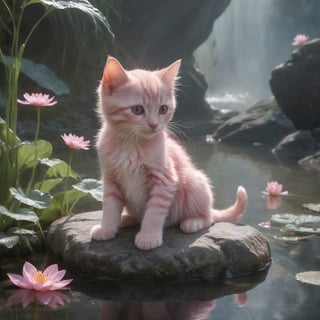 a kitten sitting on a rock in the water, fantasy art, beautiful pink little alien kitten, soft light misty yoshitaka amano, reflecting flower, her hands are red roots, magali villeneuve and monet, detailed art in color, sitting at a pond, timid,1 girl, masterpiece,best quality 