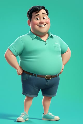 1 man, fat, happy face, short black hair, cyan outfit, standing, green background, full body portrait, pastel color tone, disney, pixar style, more detail XL