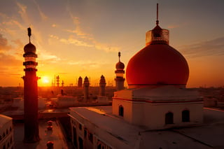 The sun is setting between the two temples in Karbala. High-quality, realistic,4k, cinematic, high_resolution_people.