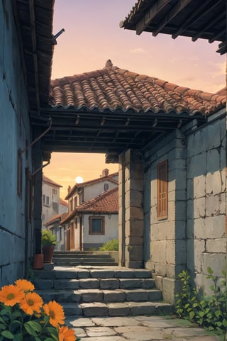 a picturesque village or ancient city . The first light of day illuminates the stone facades and worn tiles of the houses and buildings, some of which date back centuries. At the center of the scene, a cobblestone square leads to an open-air market that begins to come to life, with vendors setting up their stalls selling fruits, vegetables, flowers and local crafts. The narrow, winding streets are lined with old lanterns, now unlit, while lazy cats lounge on the stone steps. In one corner, an ancient fountain, adorned with weathered carvings, murmurs softly, adding to the tranquil atmosphere. In the background, the towers of an ancient cathedral rise, capturing the first rays of sunlight that paint the sky in soft pinks and oranges. This image should convey a sense of tranquility, beauty and a deep connection to the past, celebrating the rich history and timeless charm of the ancient village or town,TreeAIv2,Studio Ghibli,LOFI,huge cats,cute cats,