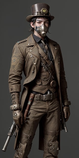 steampunk soldier, oxigen mask,handsome,holding a lot of weapons 