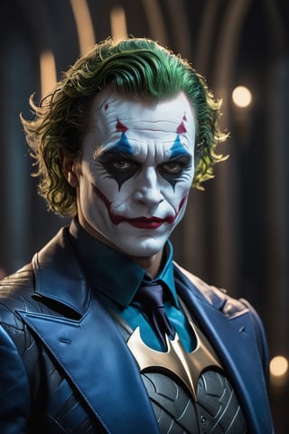 a wide shot of the character Joker, dressed as batman, fantasy art in high definition, batman is high, by ncsoft, evil smile, by Magali Villeneuve, in ultra realistic style, award-winning rendering, super saiyan blue, spikes on the skin, 2 0 1 9, republic of gamer, symmetrical crown