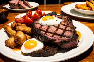 detailed delicious steak, wooden plate, steaming hot, tender steak, fried eggs, tomatoes, food photography, bokeh, outdoor,fried chicken, fried fish,
