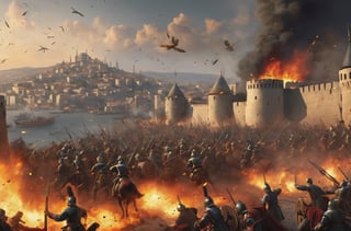 4k, very high image, quality details, ultra-realistic, depiction, year 1453, conquest of Istanbul, Ottoman janissary soldiers destroyed the walls of the Constantinople castle with cannonballs, ships were burned,
An image depicting the triumphant expressions on the faces of Ottoman soldiers, depicting a battle scene in which the Ottoman Empire conquers Byzantium in a realistic historical art style, creating an image shot from a dynamic aerial perspective showing the chaos and intensity of battle. Iconic armor and weapons with additional engraving details. Chaotic lighting emphasizing the action and the battlefield background depicting artillery shells fired from catapults is an artistic structure filled with elements such as chaotic images, weapons and dust clouds that increase the realism and narrative of the scene, creating blood and fear. .