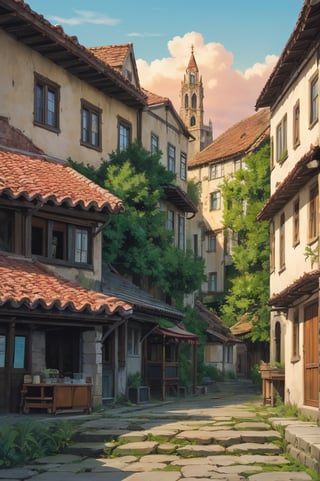 a picturesque village or ancient city . The first light of day illuminates the stone facades and worn tiles of the houses and buildings, some of which date back centuries. At the center of the scene, a cobblestone square leads to an open-air market that begins to come to life, with vendors setting up their stalls selling fruits, vegetables, flowers and local crafts. The narrow, winding streets are lined with old lanterns, now unlit, while lazy cats lounge on the stone steps. In one corner, an ancient fountain, adorned with weathered carvings, murmurs softly, adding to the tranquil atmosphere. In the background, the towers of an ancient cathedral rise, capturing the first rays of sunlight that paint the sky in soft pinks and oranges. This image should convey a sense of tranquility, beauty and a deep connection to the past, celebrating the rich history and timeless charm of the ancient village or town,TreeAIv2,Studio Ghibli,LOFI,huge cats,cute cats,