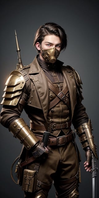 steampunk male soldier, oxigen mask,handsome, sharp eyes,,holding a lot of weapons ,(huge lighted weapons),idol face,strong,18yo,