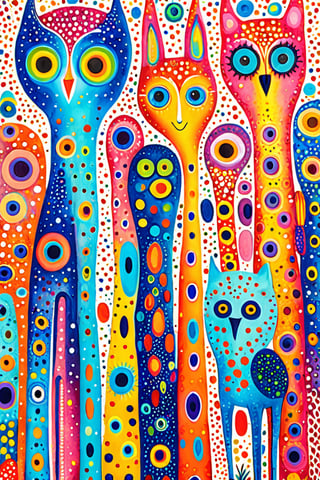 An array of elongated, abstract creatures with vibrant colors and unique patterns. These creatures have eyes of varying sizes and colors, and their bodies are adorned with dots, stripes, and other intricate designs. They seem to be standing close together, creating a sense of unity or community. The background is a mix of light colors with speckles, adding to the whimsical and dreamy atmosphere of the artwork.