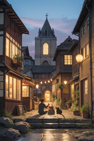 a picturesque village or ancient city . The first light of day illuminates the stone facades and worn tiles of the houses and buildings, some of which date back centuries. At the center of the scene, a cobblestone square leads to an open-air market that begins to come to life, with vendors setting up their stalls selling fruits, vegetables, flowers and local crafts. The narrow, winding streets are lined with old lanterns, now unlit, while lazy cats lounge on the stone steps. In one corner, an ancient fountain, adorned with weathered carvings, murmurs softly, adding to the tranquil atmosphere. In the background, the towers of an ancient cathedral rise, capturing the first rays of sunlight that paint the sky in soft pinks and oranges. This image should convey a sense of tranquility, beauty and a deep connection to the past, celebrating the rich history and timeless charm of the ancient village or town,TreeAIv2,Studio Ghibli,LOFI,huge cats,cute cats,