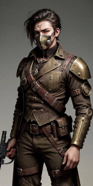 steampunk soldier, oxigen mask,handsome,strong,holding a lot of weapons,  Scar 