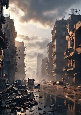 (best quality, 8k, 32K UHD, highres, masterpiece:1.2), ultra-detailed, hyper-realistic,A war-torn city, a deserted city, polluted air, heavy fog,4k,8k,movie light,detailmaster2