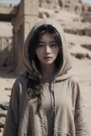 female, ((masterpiece, best quality, ultra detailed, absurdres),solo, 1girl,solo,looking at viewer,dune, hoodie, cloak, blue eyes,ubel,Agoon, dirt on cloth