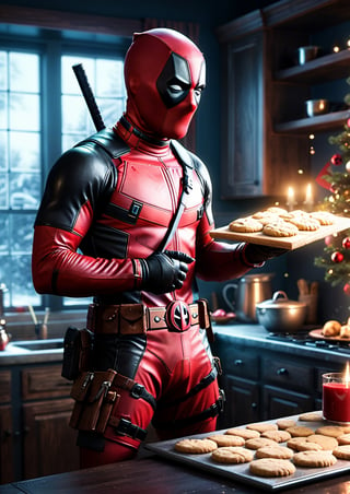 Vade Wilson, Deadpool, wearing santa outfit, baking cookies, (Chrismas spirit background), dim volumetric lighting, 8k octane beautifully detailed render, post-processing, portrait, extremely hyper-detailed, intricate, epic composition, cinematic lighting, masterpiece, very very detailed, masterpiece, stunning Detailed matte painting, deep color, fantastical, intricate detail, splash screen, complementary colors, fantasy concept art, 8k resolution trending on Artstation Unreal Engine 5, chiaroscuro, bioluminescent, Volumetric light, auras, rays, vivid colors reflects