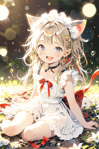 Masterpiece, highest quality, aesthetic, traditional media,
break
\\character
  1 Girl, Solo, Looking at camera, Blue eyes, Clear eyes, Smile, Happy, Open mouth, (Fluffy cat ears: 1.1), Cheeks, Ahoge, Brown hair, Single braid, (Red inner hair: 1.3 ), (straight bangs: 1.5), ((big red ribbon: 1.5)), (crescent-shaped hair ornament: 1.3), chest, middle chest, cleavage, crystal earrings,
break
Looking at the viewer, blush, bangs, black background, looking at the viewer, bangs, dress, bow,, sitting, flowers, short sleeves, ruffles, apron, maid, maid headdress, thigh straps, between the legs, Maid apron, hand between legs