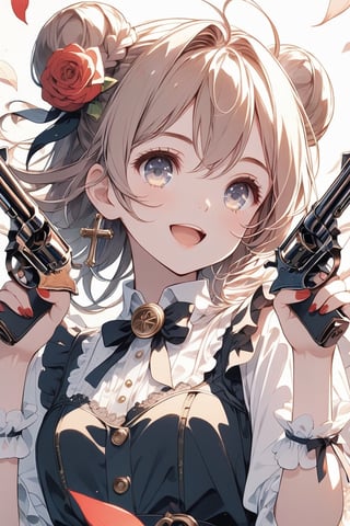 Masterpiece, beautiful details, perfect focus, uniform 8K wallpaper, high resolution, exquisite texture in every detail, girl with two pistols. She wields two weapons, a black revolver. Her beautiful eyes, clear eyes, smile, brown hair, happy open mouth, hair braided in a bun, highly detailed and high quality illustration. Simple background. White background. Ruffles, black dress, petals, roses, ruffle dress, cross, red flowers, lolita fashion, red roses, gothic lolita. Upper body, top quality, aesthetic, dual wielding