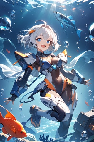 masterpiece, best quality, aesthetic, 1 girl, smiling, happy, open mouth, solo, chest, medium chest, looking at viewer, short hair, bangs, full body, white hair, armor, blue eyes, bodysuit, fish, sci-fi, bubbles, underwater, mecha girl, bubbles,noc-mgptcls