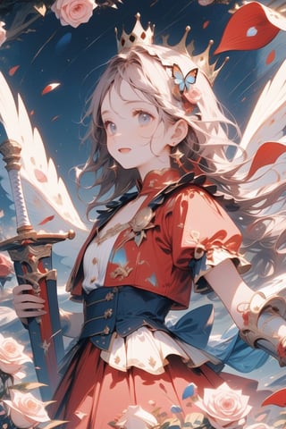 Masterpiece, beautiful details, perfect focus, uniform 8K wallpaper, high resolution, exquisite texture, ((Multiple projection: 2.3)), ((Red theme: 1.1)),
One girl, solo, long hair, ahoge, clear sparkling deep eyes, smile, happiness, open mouth,
Look at the viewer, bangs, headdress, armor, dress, holding, blue eyes, jewelry, weapons, flowers, earrings, wings, sword, flowers in hair, with weapons, petals, float, roses, ((sword holding: 1.5 )), insect, crown, butterfly, pink flower, blue flower, pink rose